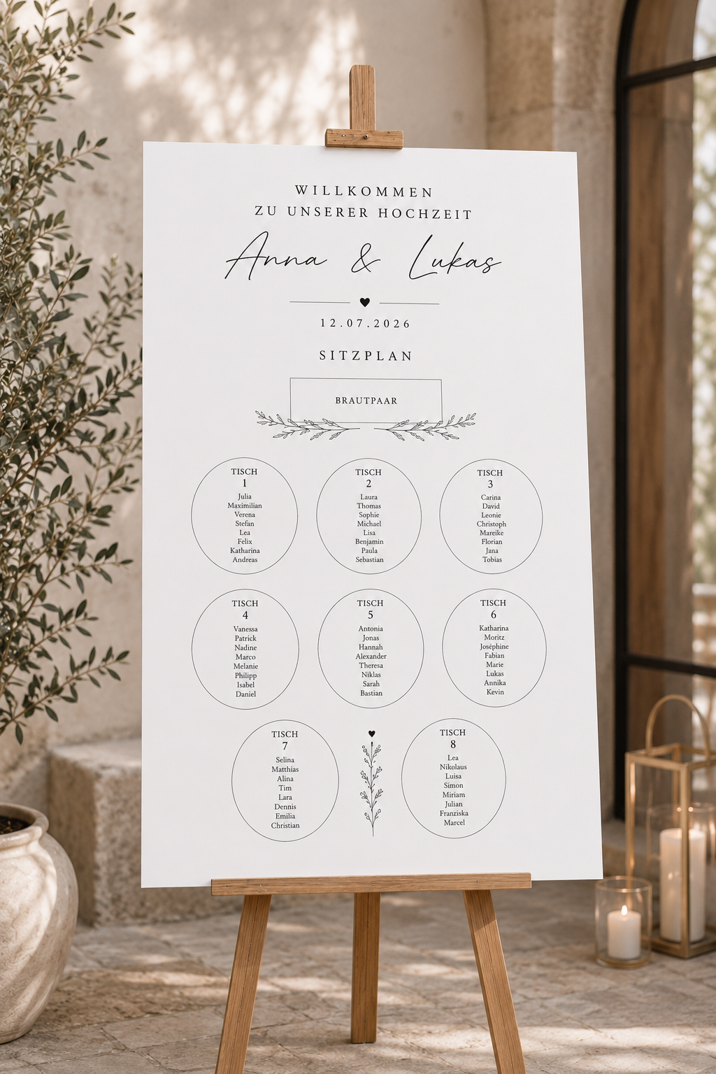 Premium Hochzeitsdeko Bundle Personalisiert | Willkommen Schild, Sitzplan, QR Galerie, Candy Bar & Tischnummern | Hochzeit Set Modern