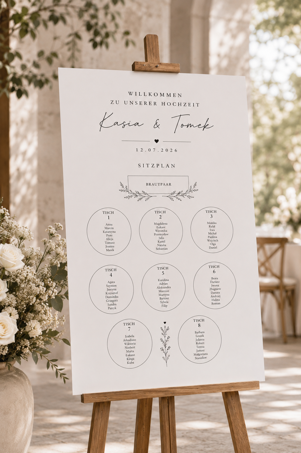Personalisierter Sitzplan Hochzeit auf Staffelei – Moderne Wedding Seating Chart Schwarz Weiß Gold | Premium Hochzeitsdeko