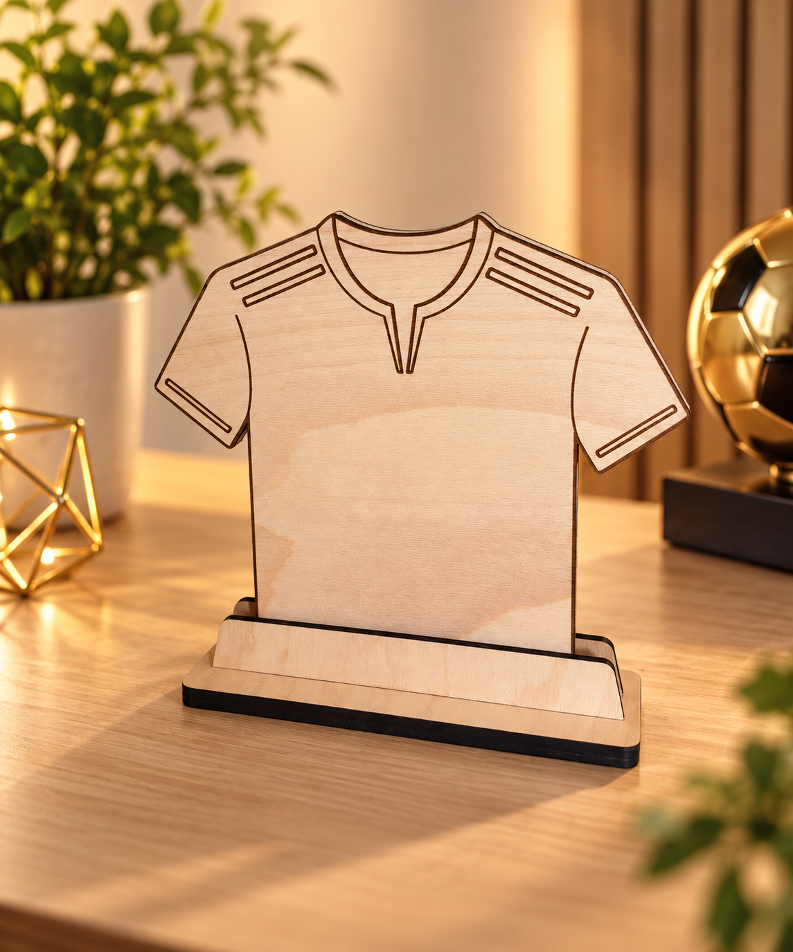 Naturbelassene Trikot-Erinnerung aus Holz ohne zusätzliche Personalisierung mit Holzständer