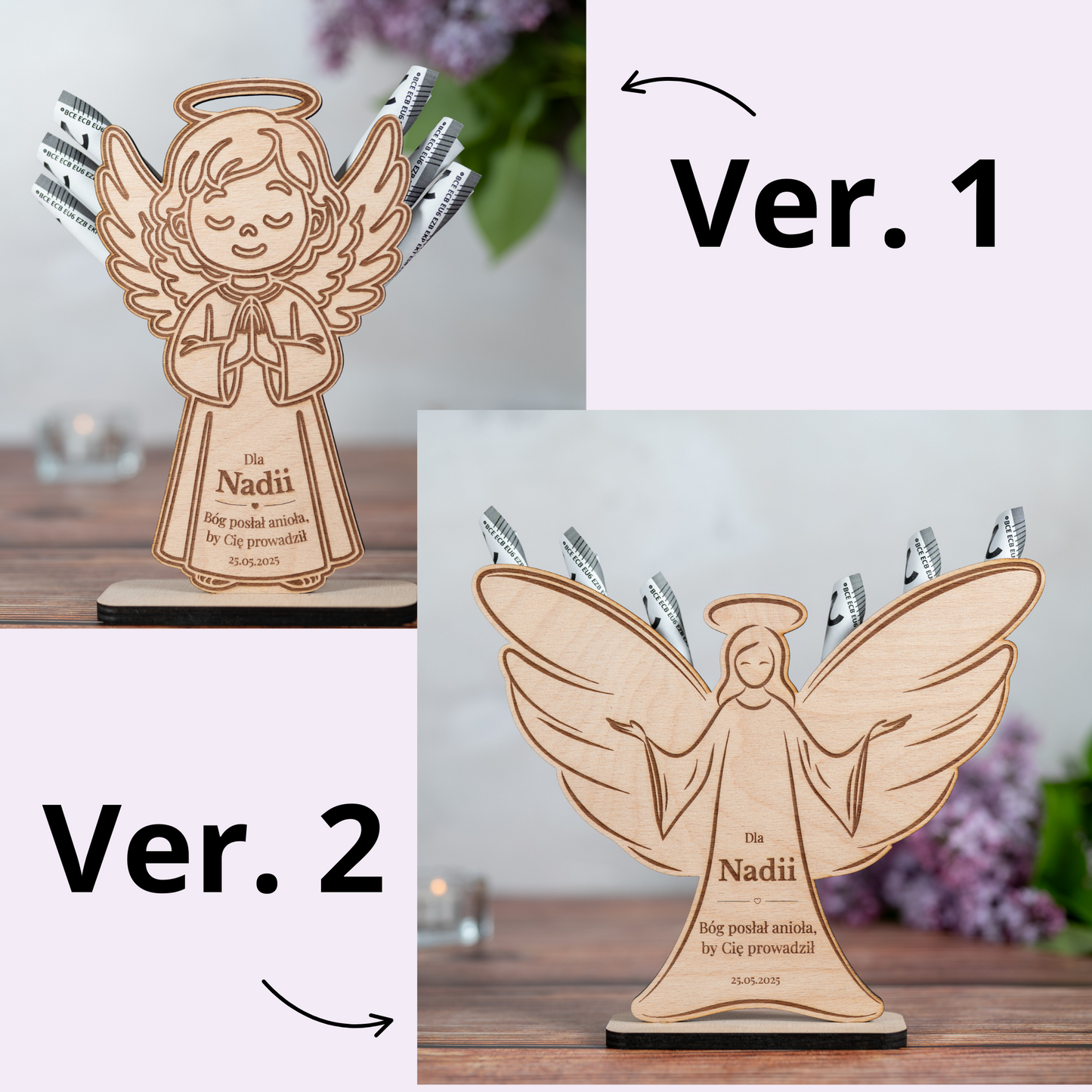 🕊️ Personalized Wooden Angel with Engraving – Gift for Communion, Baptism or Confirmation | Money Gift &amp; Personal Message | Handmade from Wood