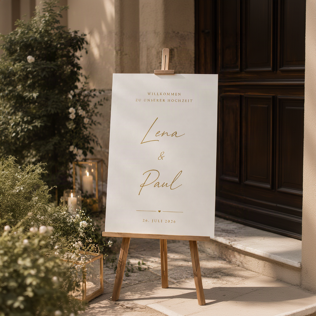 Personalisiertes Willkommensschild Hochzeit mit goldener Beschriftung