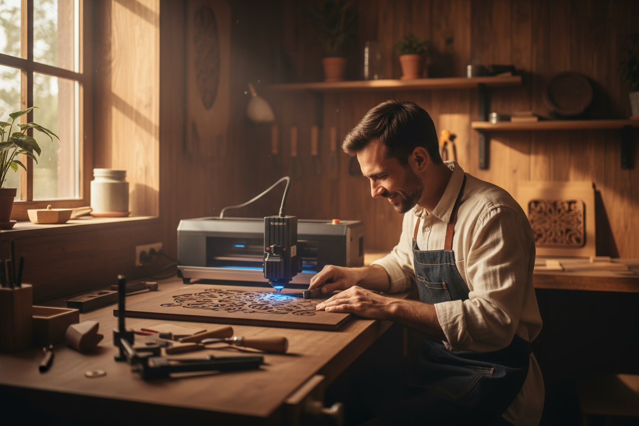 artisan working in a small creative studio, warm light, wooden textures, laser engraving in progress, focus on concentration and passion, natural tones, minimalistic, emotional craft atmosphere, cinematic light
