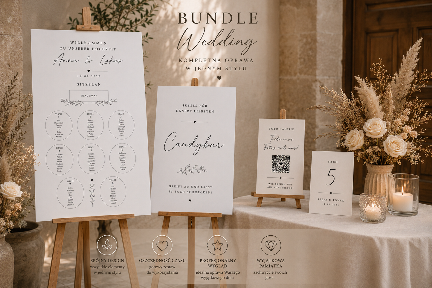 Premium Hochzeitsdeko Bundle Personalisiert | Willkommen Schild, Sitzplan, QR Galerie, Candy Bar & Tischnummern | Hochzeit Set Modern