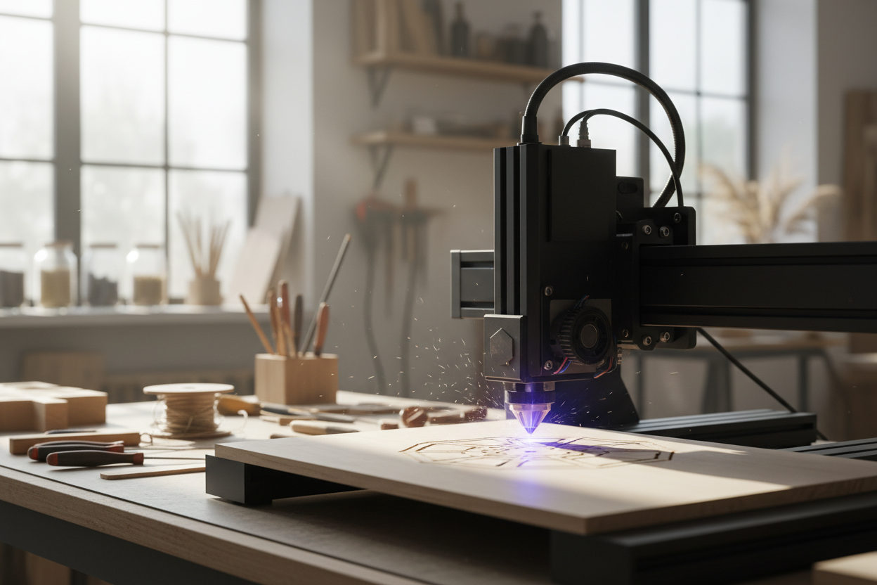 close-up of a laser engraving machine working on a wooden surface, precise beam detail, small wood particles in the air, modern artisan workshop background, natural light, sharp focus, minimal composition, premium handmade product mood