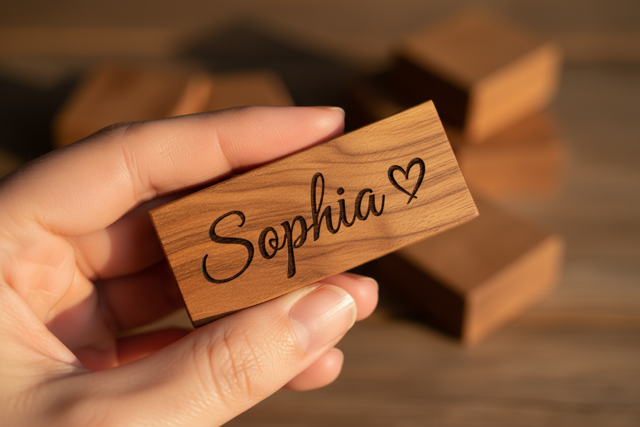 Close-up photo of a personalized engraved wooden gift — a hand gently holding a small engraved plaque or keychain with a name or heart symbol. Soft light, focus on engraving details, elegant handwriting font, emotional mood, romantic and sentimental atmosphere, wooden background
