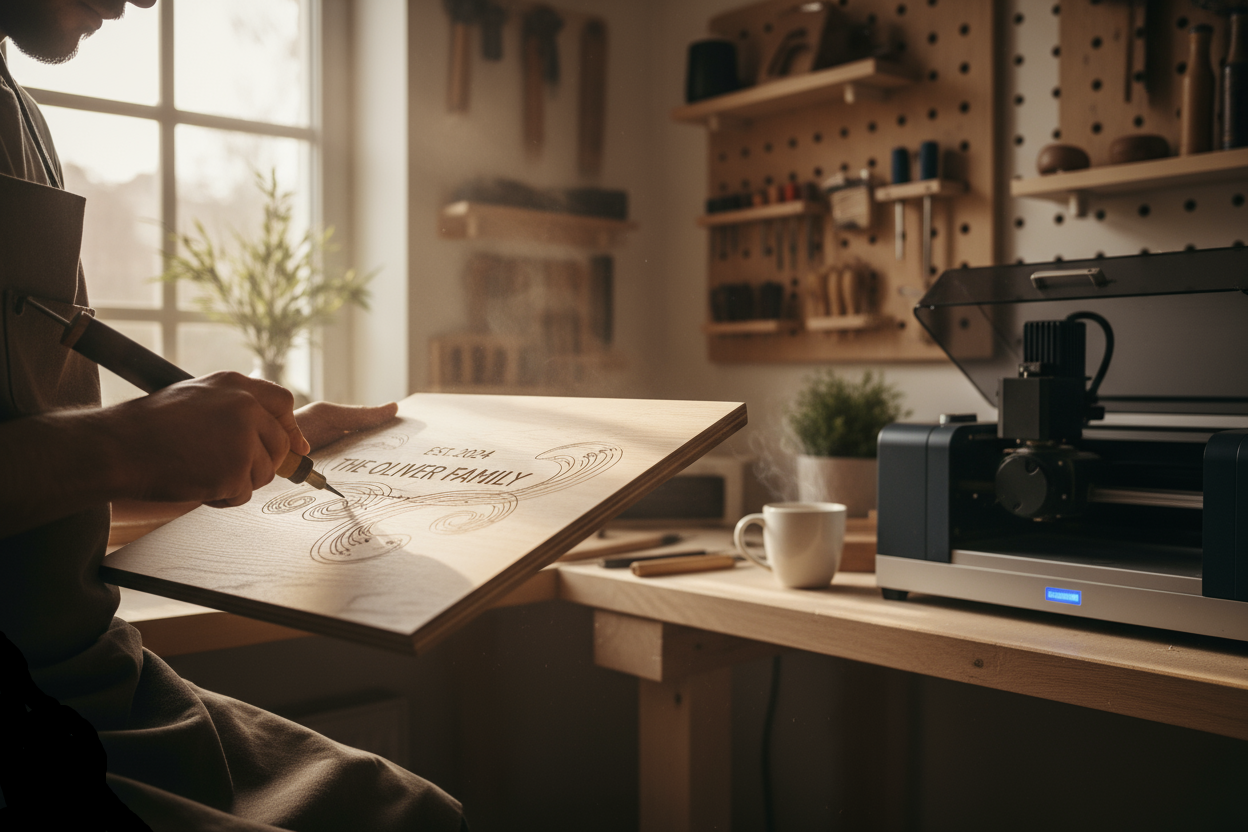 craftsman working on a personalized wooden plaque in a bright cozy studio, laser engraver nearby, soft natural light, warm tones, focus on hands and fine details, minimal background, handmade branding aesthetic, emotional and calm, inspired by Scandinavian design and craftsmanship