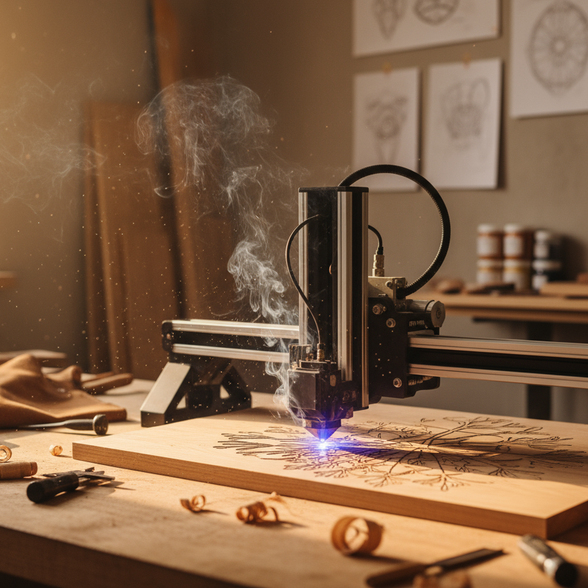 detailed photo of laser engraving machine working on wooden surface, warm natural light, visible smoke detail, artisan workshop, minimal beige background, premium handmade aesthetic