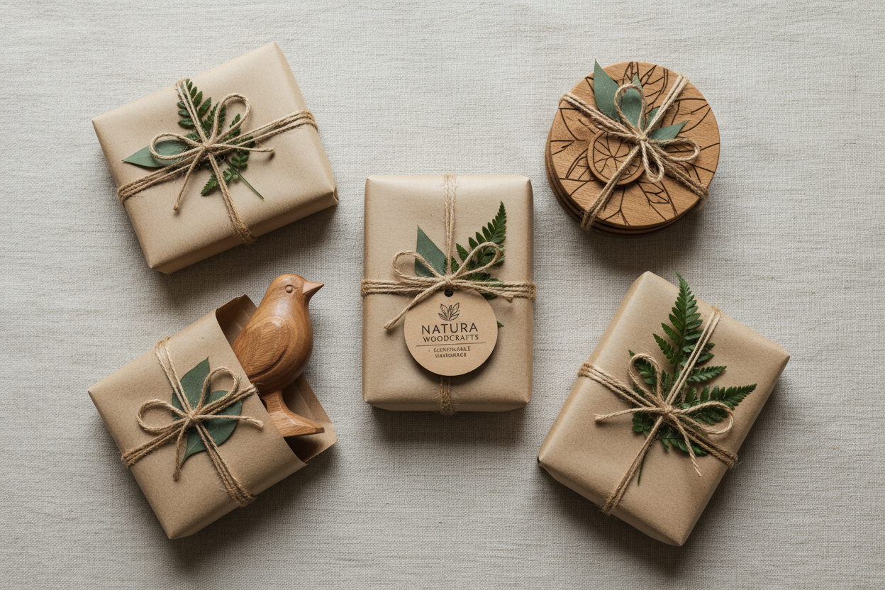eco-friendly packaging of handmade wooden gifts, kraft paper, natural twine, small green leaves, minimal flat lay composition, soft natural lighting, beige and green tones, sustainable handmade brand aesthetic, modern artisan look