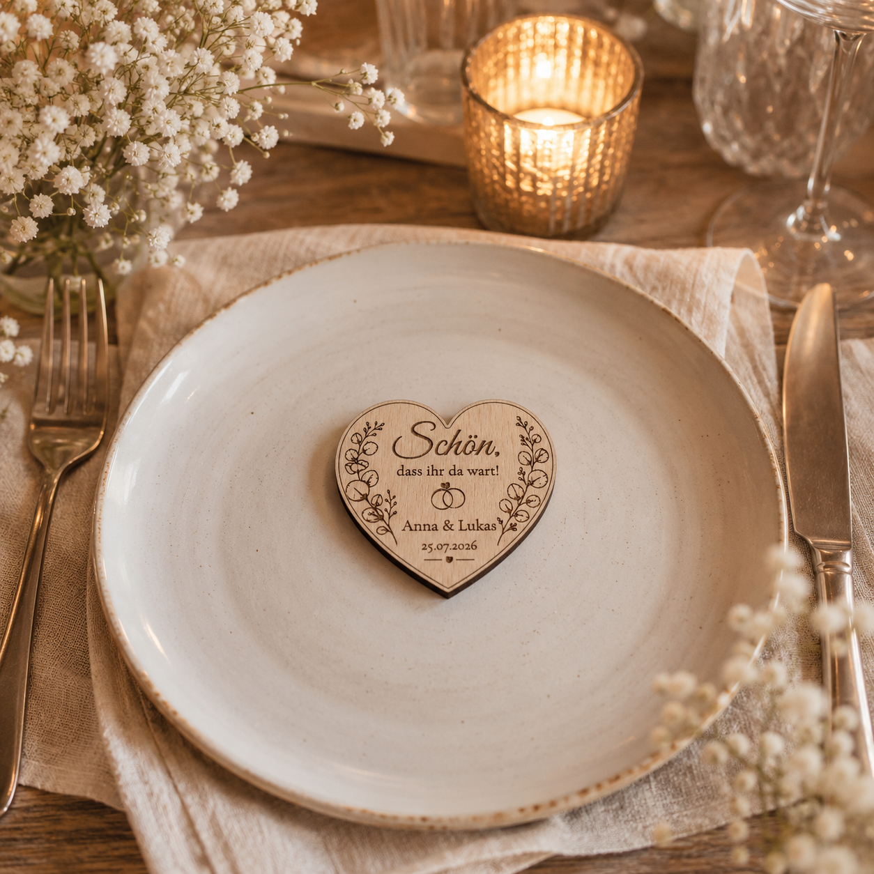 Personalized Wedding, Communion & Baptism Guest Gift – Wooden Heart Magnet with Premium Tea