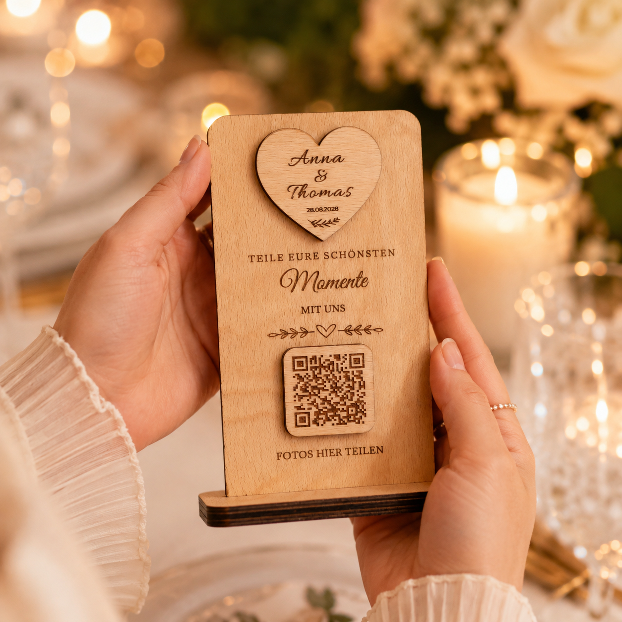 Modernes personalisiertes QR-Code Hochzeitsschild aus Holz. Gäste teilen Fotos und Videos direkt per Smartphone. Ideal für Hochzeiten und besondere Erinnerungen.