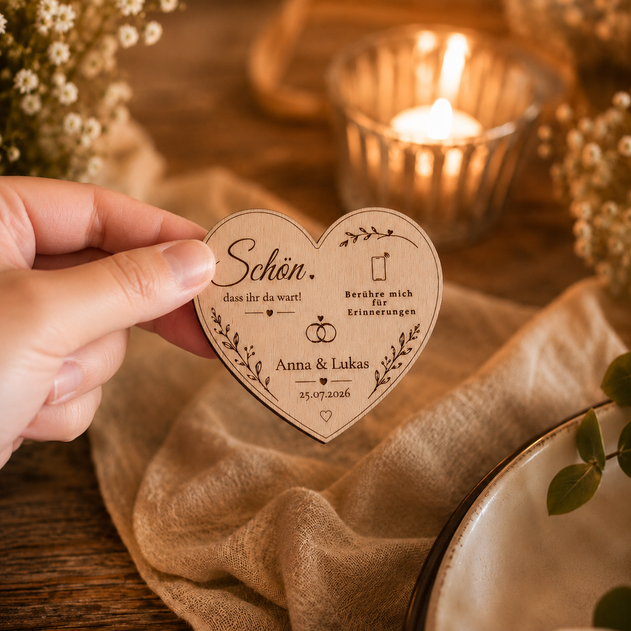 Personalisierter Hochzeitsmagnet mit NFC aus Holz – Premium Gastgeschenk mit digitaler Hochzeitsgalerie | Optional mit Dallmayr Tee & Organza-Beutel