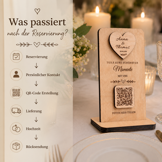 Premium QR Hochzeitsschild zur Miete – 10er Set | Personalisierte Holzschilder für Hochzeiten & Foto Upload