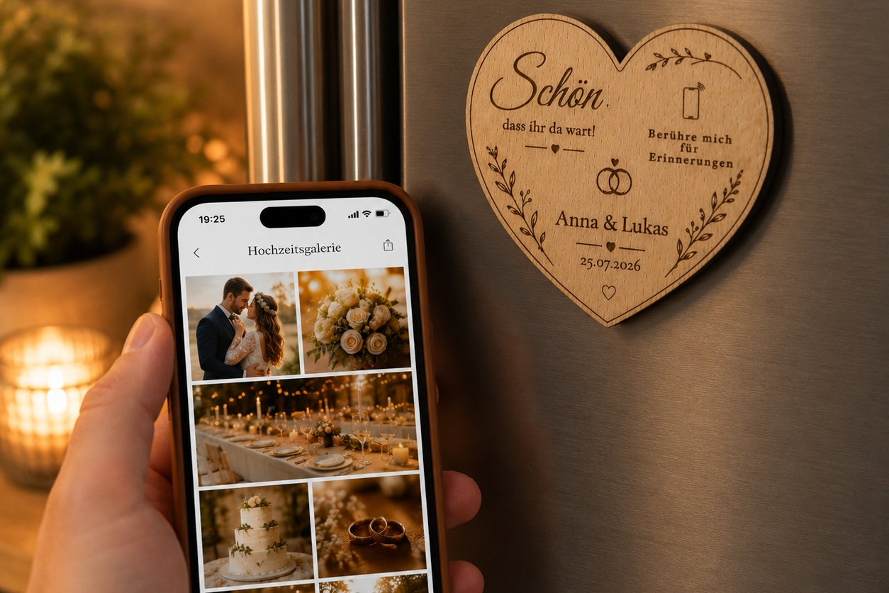 Personalisierter Hochzeitsmagnet mit NFC aus Holz – Premium Gastgeschenk mit digitaler Hochzeitsgalerie | Optional mit Dallmayr Tee & Organza-Beutel