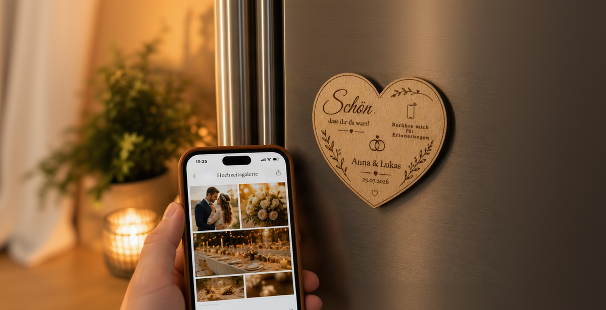 NFC Hochzeitsmagnet am Kühlschrank mit Zugriff auf die Gästefotogalerie