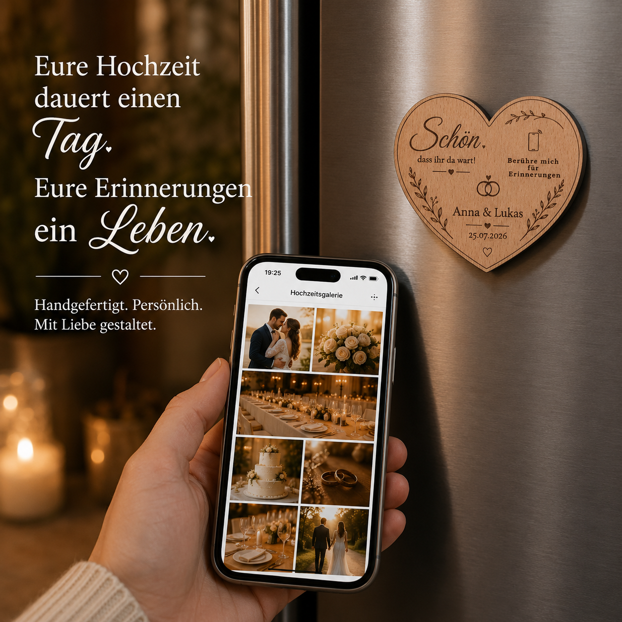 Personalisierter Hochzeitsmagnet mit NFC aus Holz – Premium Gastgeschenk mit digitaler Hochzeitsgalerie | Optional mit Dallmayr Tee & Organza-Beutel