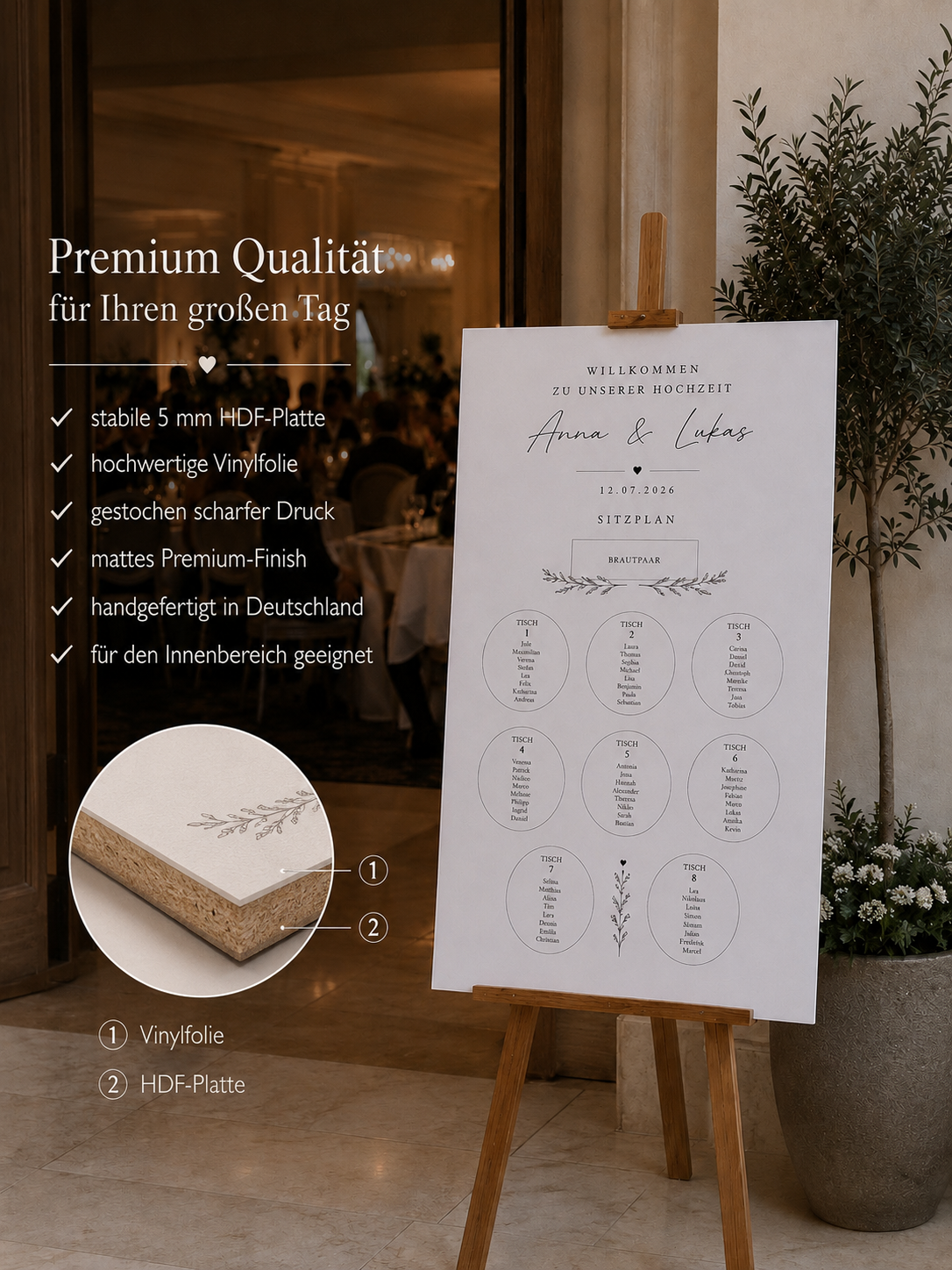 Premium Hochzeitsdeko Bundle Personalisiert | Willkommen Schild, Sitzplan, QR Galerie, Candy Bar & Tischnummern | Hochzeit Set Modern