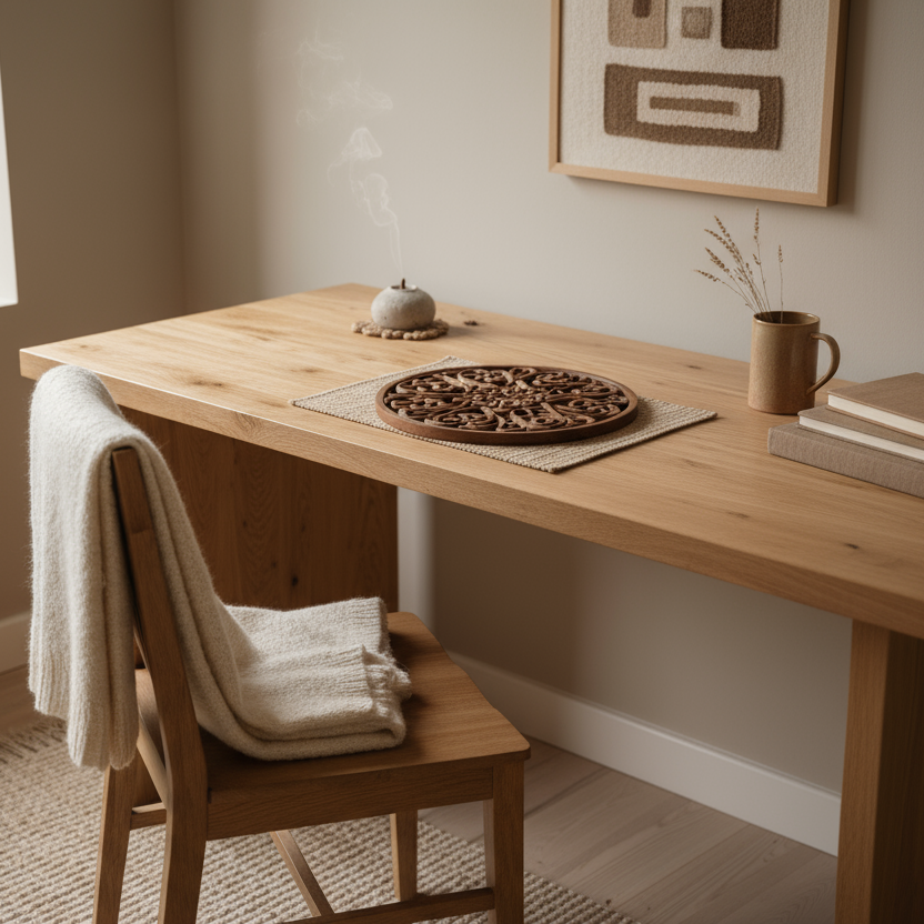 minimal photo of cozy wooden workspace with handcrafted decor, beige and brown tones, soft daylight, Scandinavian aesthetic, focus on engraved wooden ornament