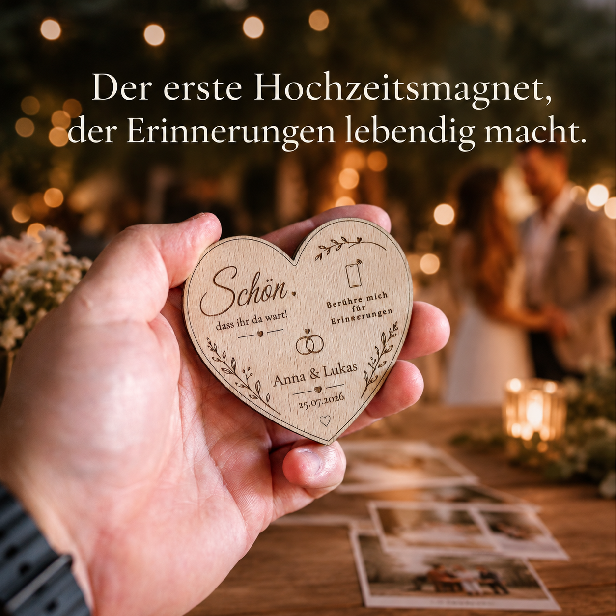 Personalisierter Hochzeitsmagnet mit NFC aus Holz – Premium Gastgeschenk mit digitaler Hochzeitsgalerie | Optional mit Dallmayr Tee & Organza-Beutel