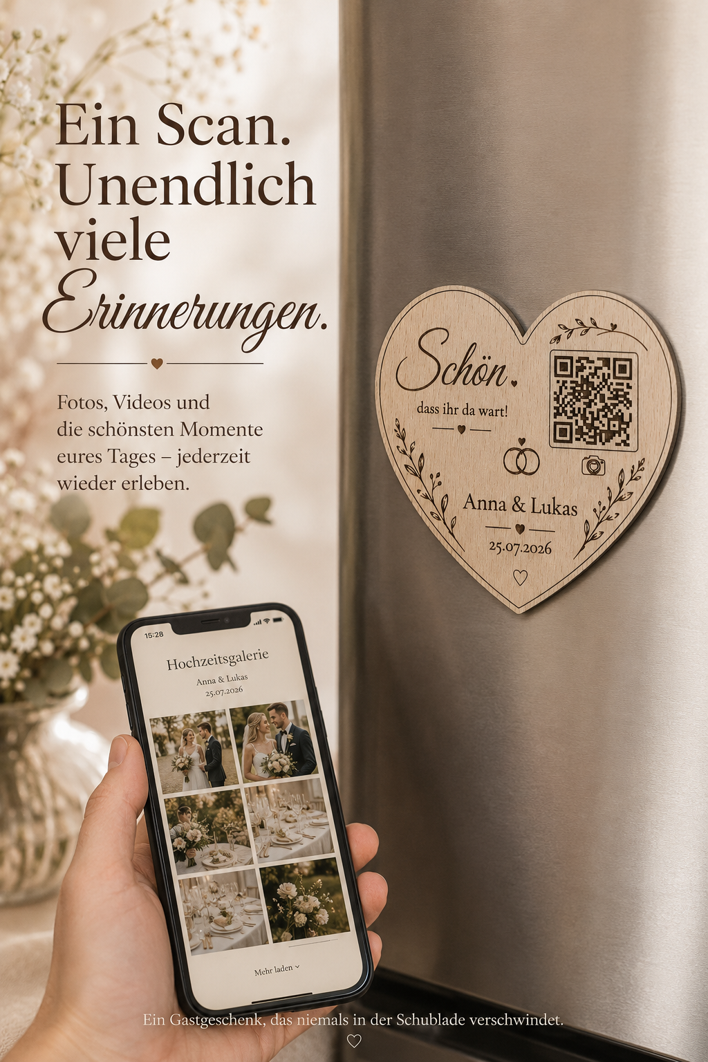 Personalisierter Hochzeitsmagnet mit QR-Code aus Holz – Personalisiertes Gastgeschenk mit Fotogalerie | Optional mit Dallmayr Tee & Organza-Beutel