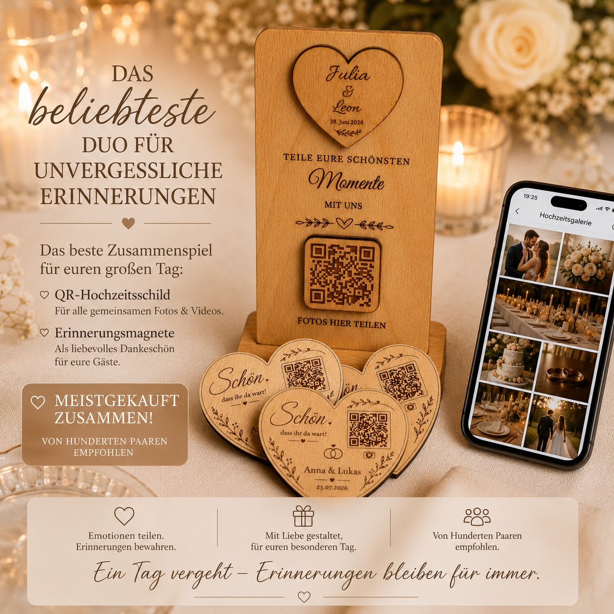Personalisierter Hochzeitsmagnet mit QR-Code aus Holz – Personalisiertes Gastgeschenk mit Fotogalerie | Optional mit Dallmayr Tee & Organza-Beutel