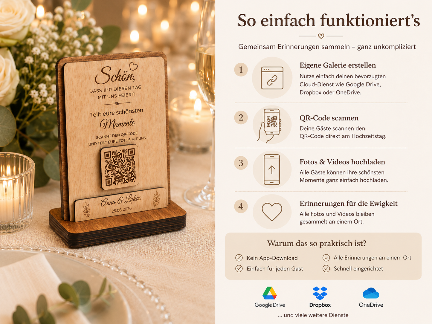 Personalized QR code wedding sign made of wood – Collect shared memories in style
