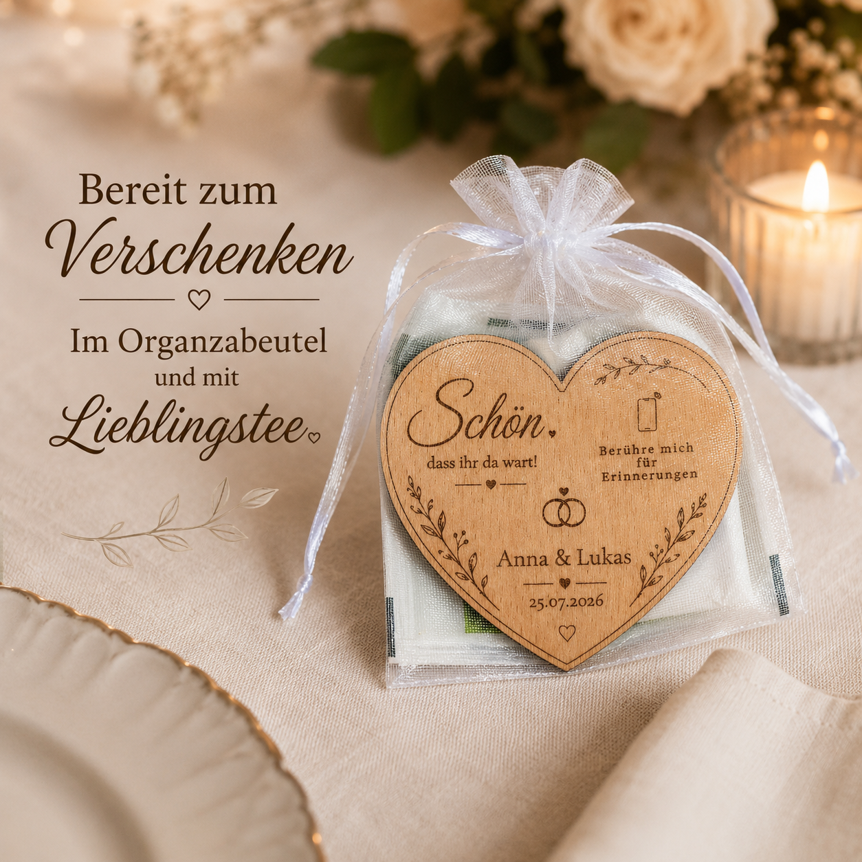 Personalisierter Hochzeitsmagnet mit NFC aus Holz – Premium Gastgeschenk mit digitaler Hochzeitsgalerie | Optional mit Dallmayr Tee & Organza-Beutel