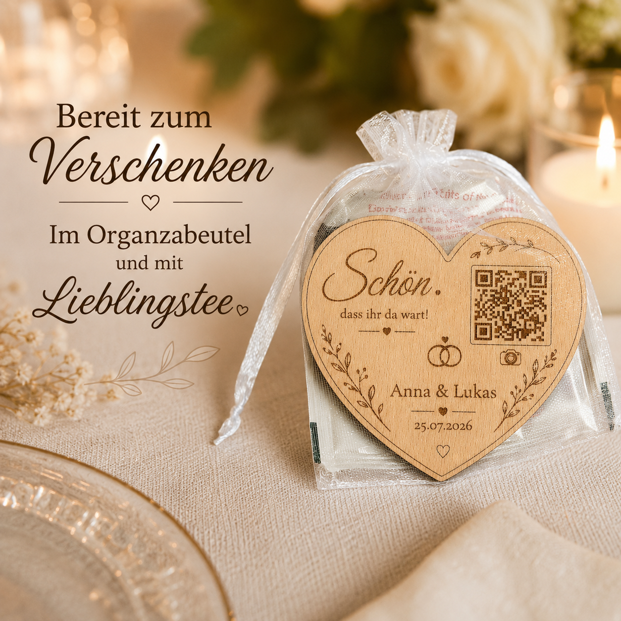 Personalisierter Hochzeitsmagnet mit QR-Code aus Holz – Personalisiertes Gastgeschenk mit Fotogalerie | Optional mit Dallmayr Tee & Organza-Beutel