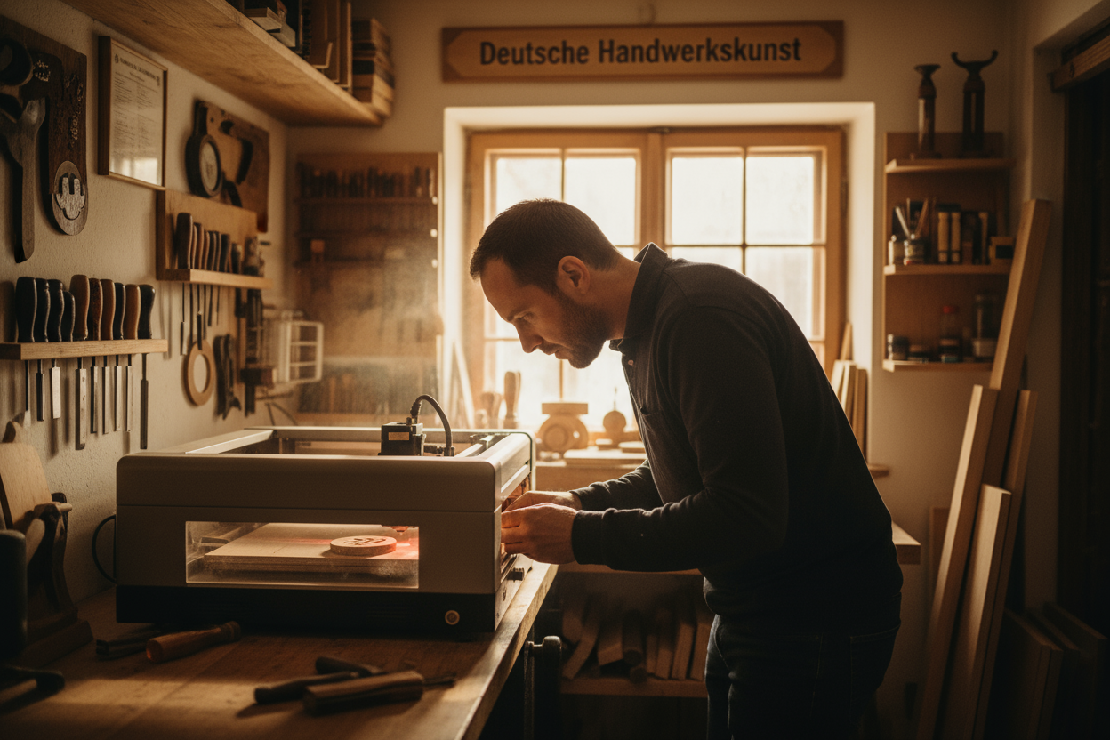 Photo of a craftsman or woman working on a laser engraving machine in a cozy small workshop. Wooden elements, warm lighting, visible precision and concentration. Authentic handmade studio atmosphere, minimalistic background, premium handmade style, German craftsmanship aesthetic.