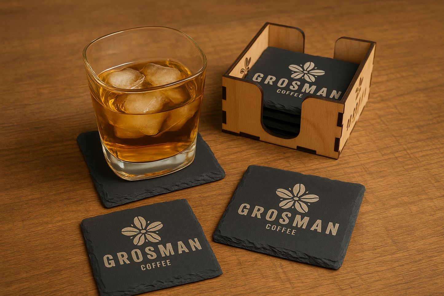 GraviCraft Schieferuntersetzer mit Gravur & Holzbox – 6er Set personalisiert | Geschenkidee für Hochzeit, Büro & Zuhause