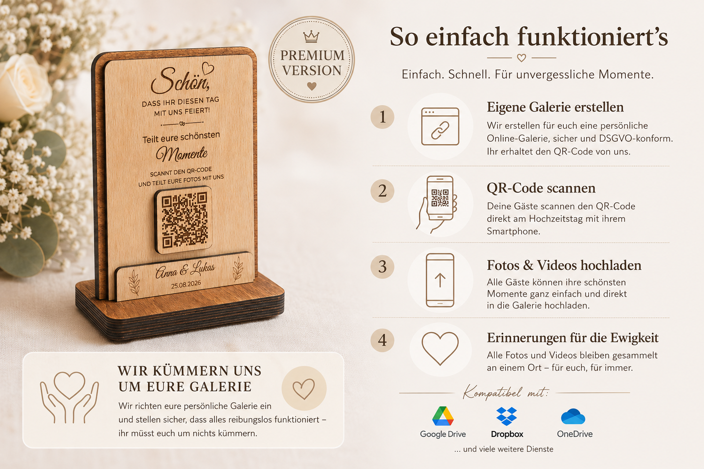 Personalized QR code wedding sign made of wood – Collect shared memories in style