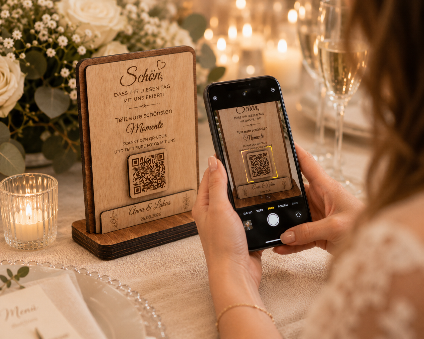 Personalized QR code wedding sign made of wood – Collect shared memories in style
