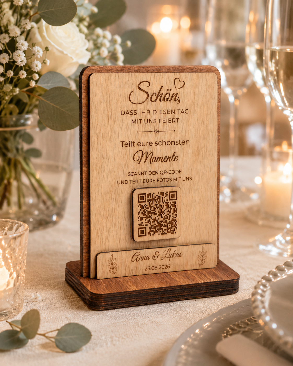 Personalized QR code wedding sign made of wood – Collect shared memories in style