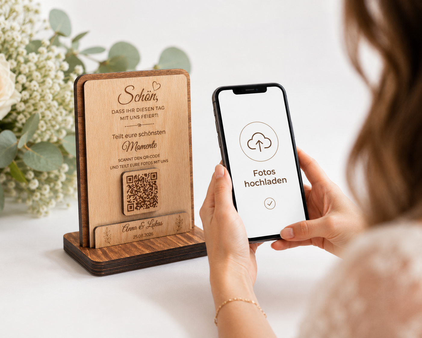 Personalized QR code wedding sign made of wood – Collect shared memories in style
