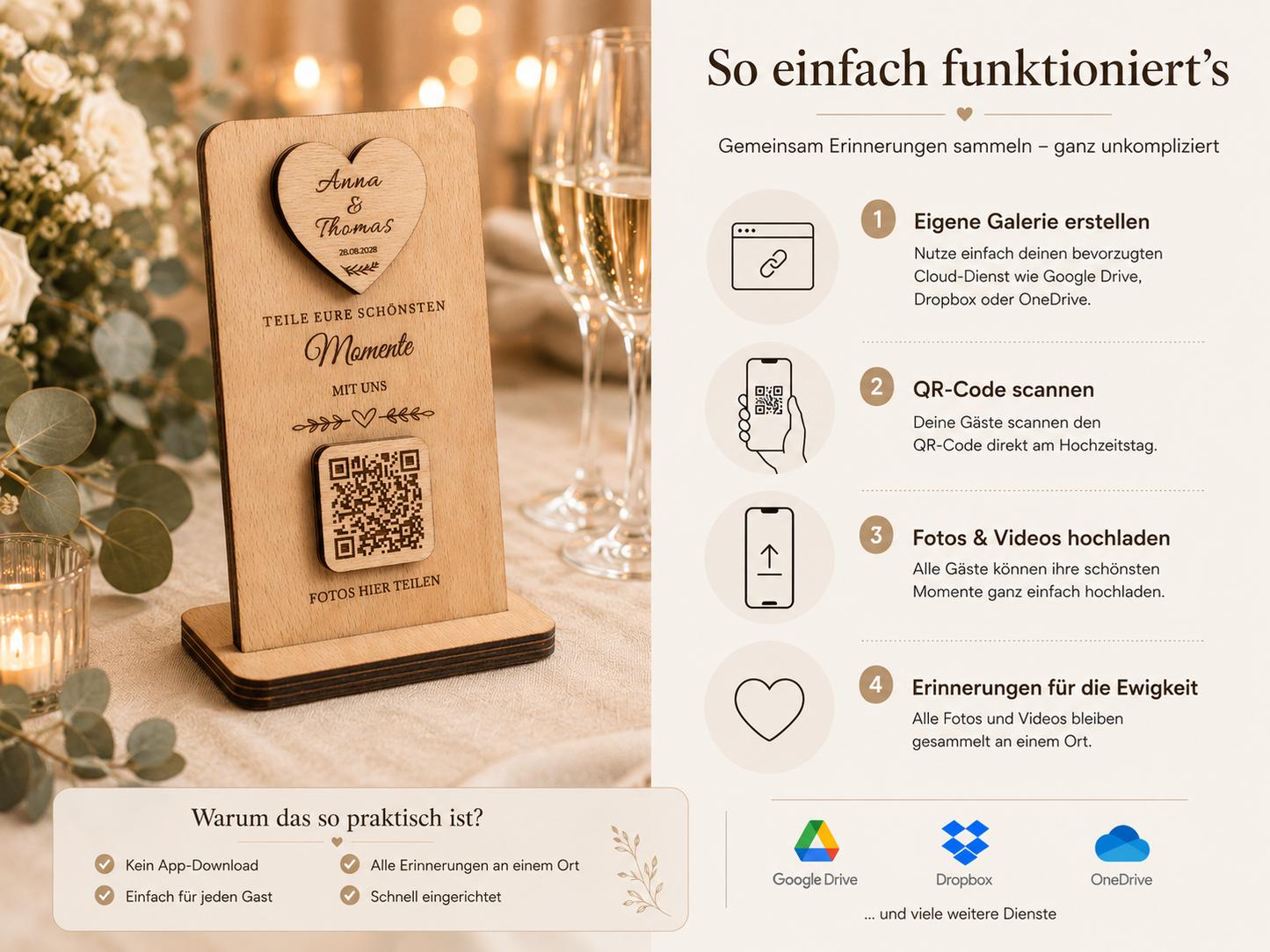 Modernes personalisiertes QR-Code Hochzeitsschild aus Holz. Gäste teilen Fotos und Videos direkt per Smartphone. Ideal für Hochzeiten und besondere Erinnerungen.