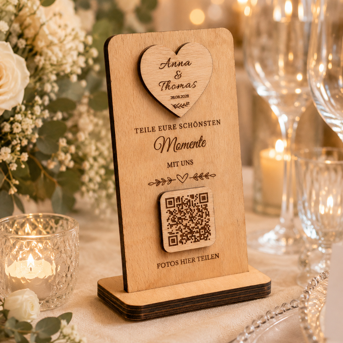 QR Hochzeitsschild SLIM auf einem gedeckten Hochzeitstisch