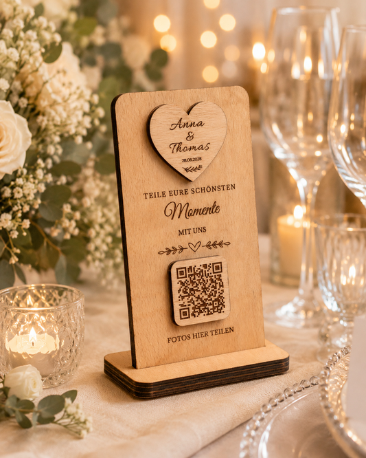 Premium QR Hochzeitsschild aus Holz – Personalisierter QR Code für Hochzeitsfotos & Videos