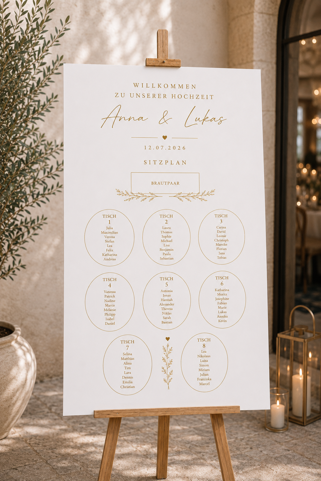 Personalisierter Sitzplan Hochzeit auf Staffelei – Moderne Wedding Seating Chart Schwarz Weiß Gold | Premium Hochzeitsdeko