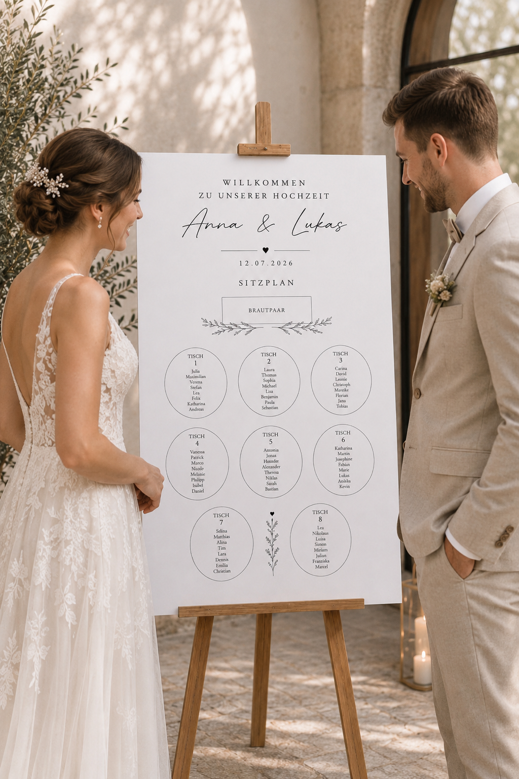 Personalisierter Sitzplan Hochzeit auf Staffelei – Moderne Wedding Seating Chart Schwarz Weiß Gold | Premium Hochzeitsdeko