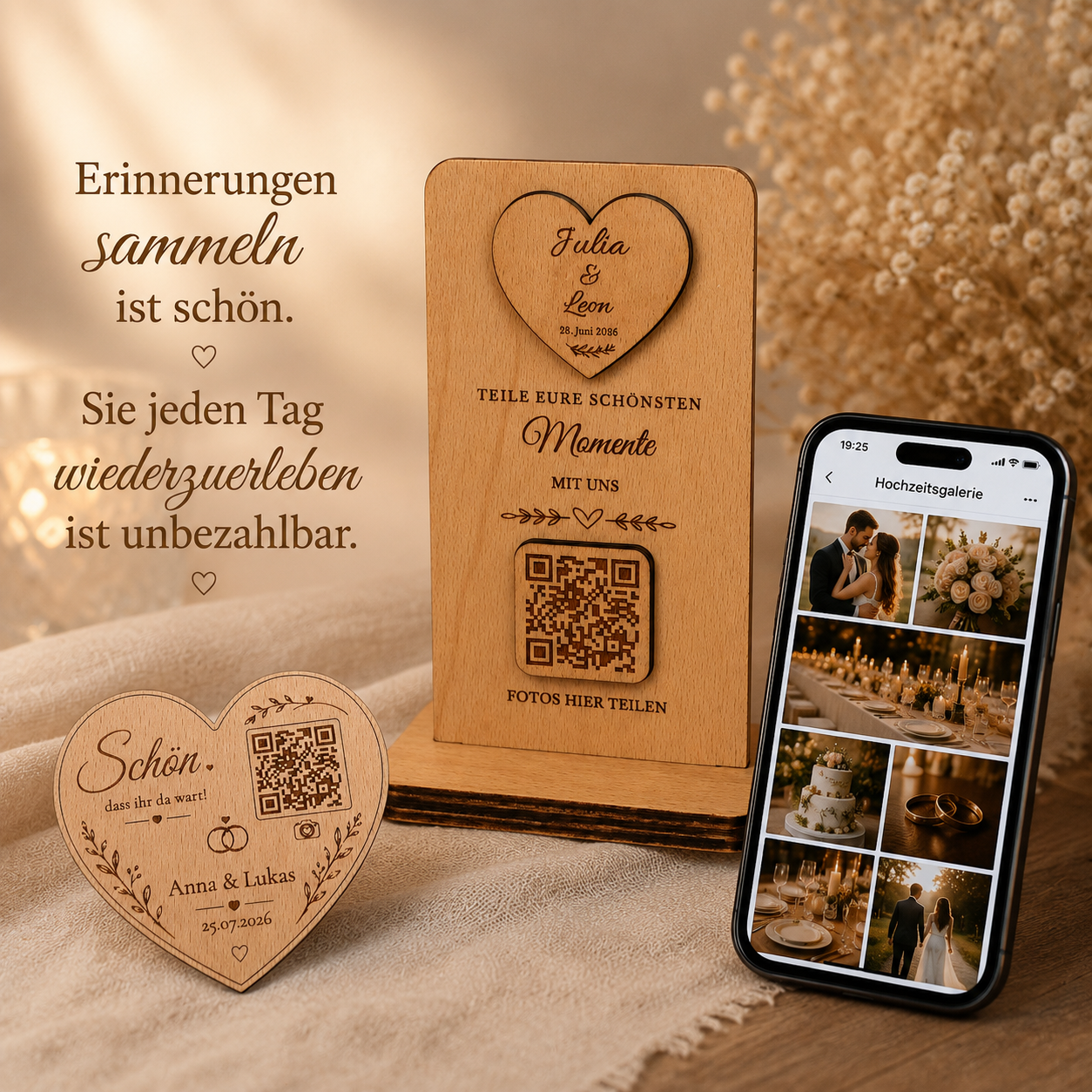 Personalisierter Hochzeitsmagnet mit QR-Code aus Holz – Personalisiertes Gastgeschenk mit Fotogalerie | Optional mit Dallmayr Tee & Organza-Beutel