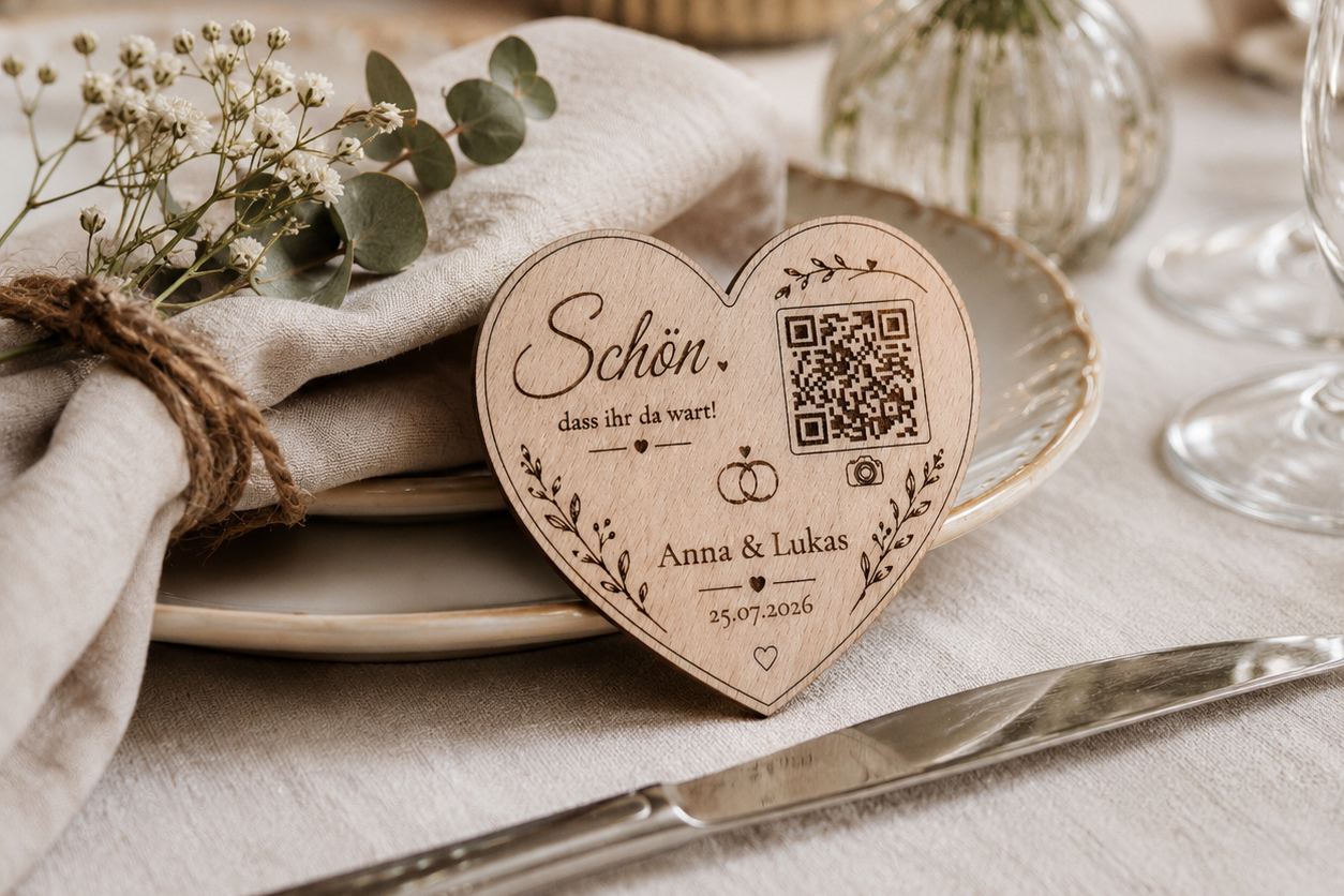 Personalisierter Hochzeitsmagnet mit QR-Code aus Holz – Personalisiertes Gastgeschenk mit Fotogalerie | Optional mit Dallmayr Tee & Organza-Beutel