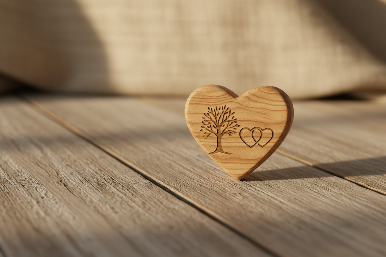 Warm and cozy product photo of a small wooden heart or sign on a rustic wooden table, softly lit, showing natural wood grain and craftsmanship details. Natural beige tones, minimalistic background, handmade aesthetic, emotional and calm atmosphere, product photography style, shallow depth of field.