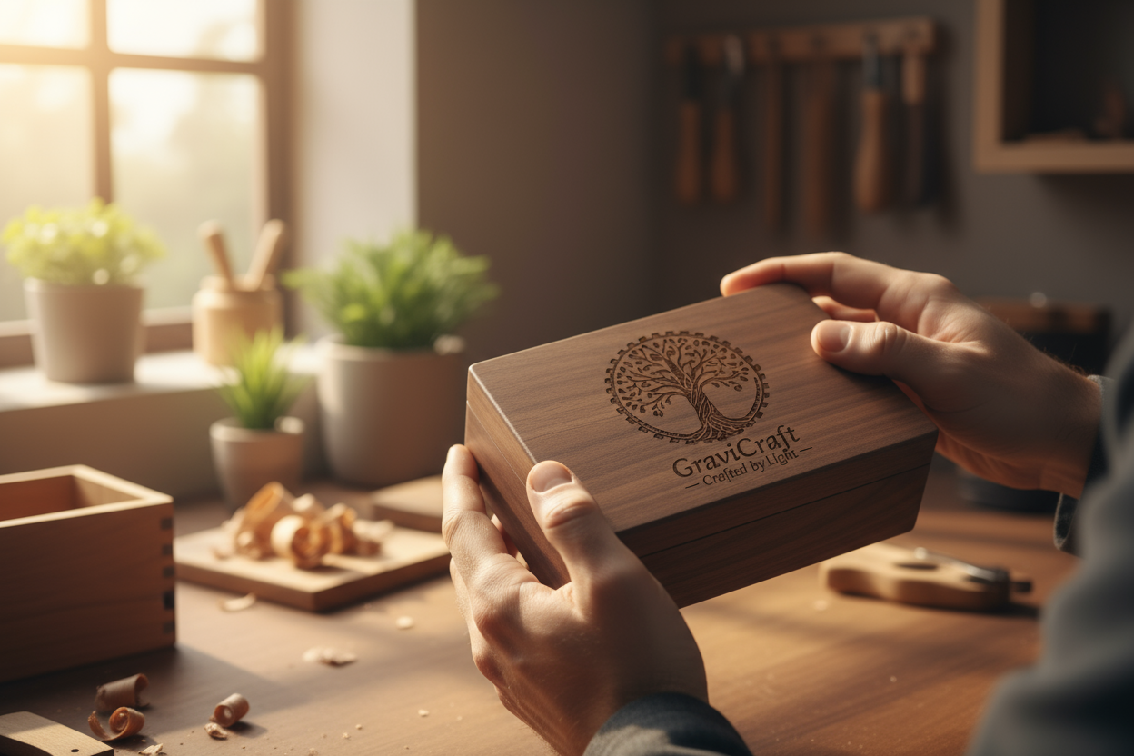 warm, cozy wooden workshop, hands carefully holding a handmade wooden gift engraved with a laser, soft sunlight, shallow depth of field, minimalistic background, focus on craftsmanship and detail, natural colors, product photography style, GraviCraft aesthetic