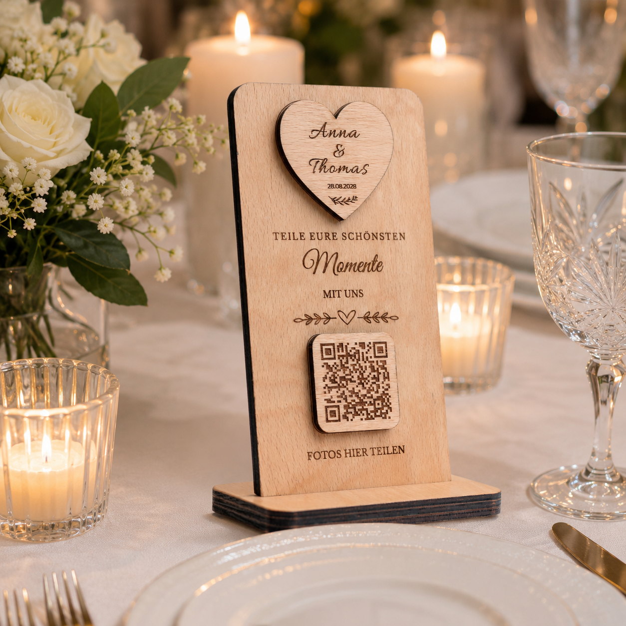 Modernes personalisiertes QR-Code Hochzeitsschild aus Holz. Gäste teilen Fotos und Videos direkt per Smartphone. Ideal für Hochzeiten und besondere Erinnerungen.