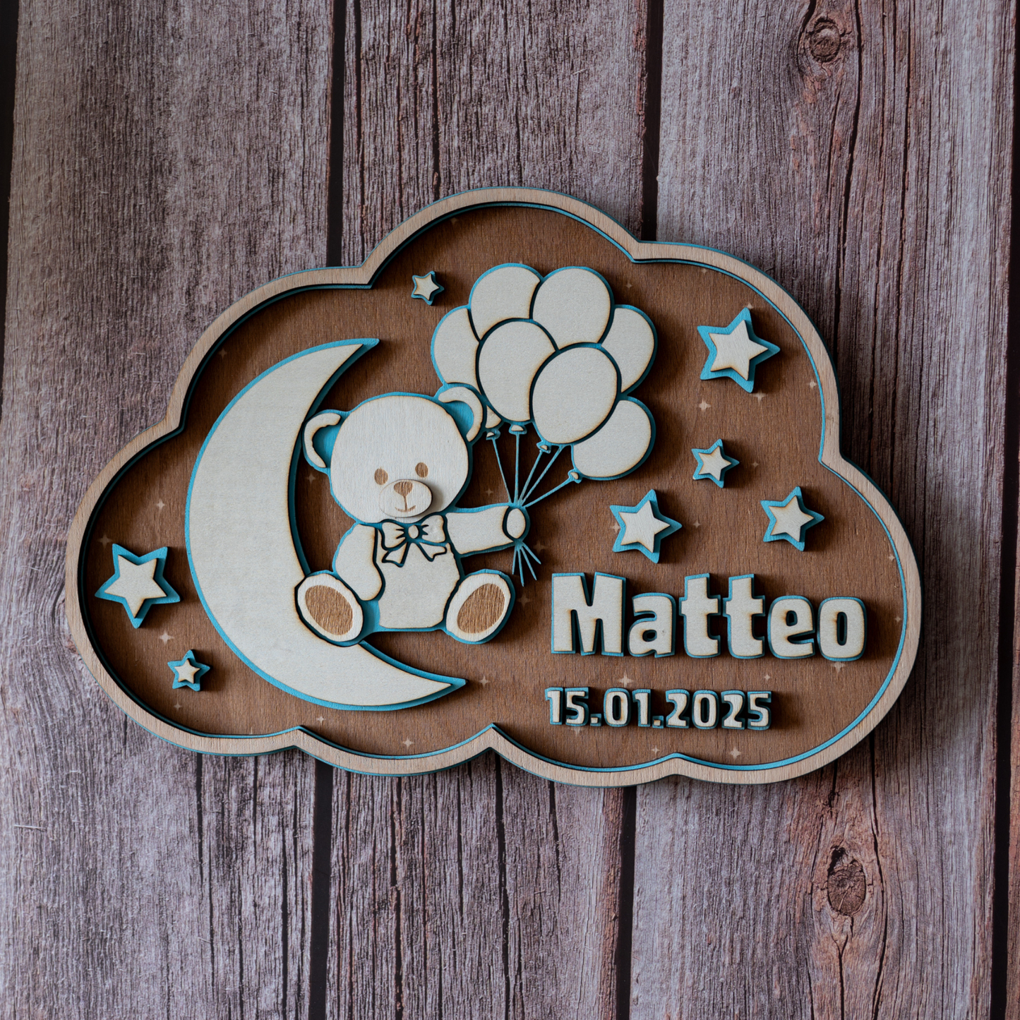 🌙 3D Namensschild aus Holz mit Gravur | Personalisiertes Kinderzimmer-Schild mit Namen & Geburtsdatum | Geschenk zur Geburt & Taufe | GraviCraft